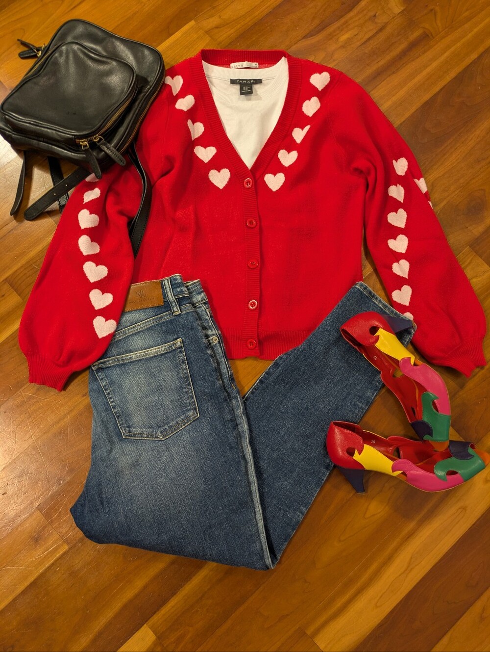 Kaily K Women's Red Cardigan Sweater With White Heart-Trim